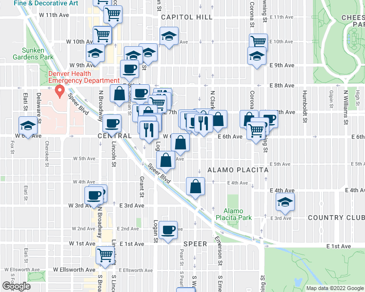 map of restaurants, bars, coffee shops, grocery stores, and more near in Denver