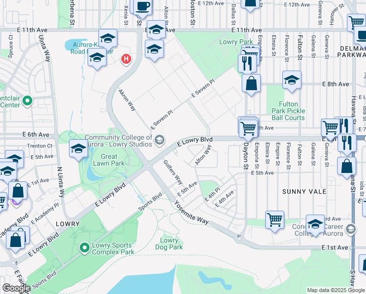 map of restaurants, bars, coffee shops, grocery stores, and more near 9100 East Lowry Boulevard in Denver