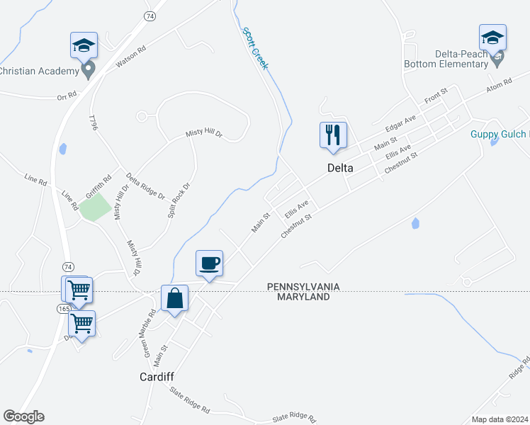 map of restaurants, bars, coffee shops, grocery stores, and more near 333 Main Street in Delta