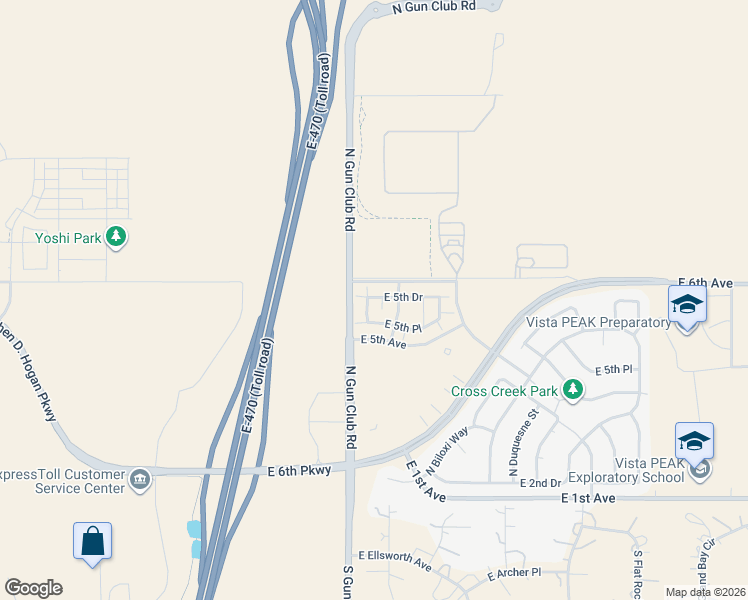 map of restaurants, bars, coffee shops, grocery stores, and more near 23405 East 5th Place in Aurora