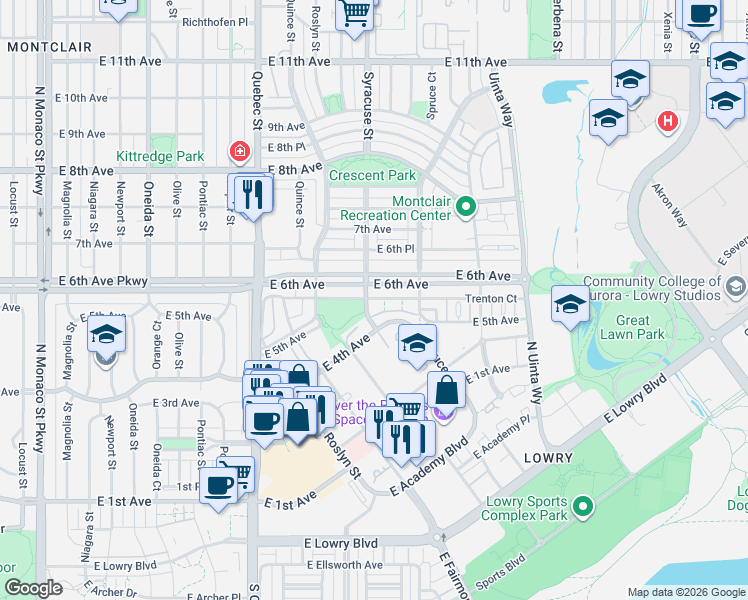map of restaurants, bars, coffee shops, grocery stores, and more near 7749 East 4th Avenue in Denver