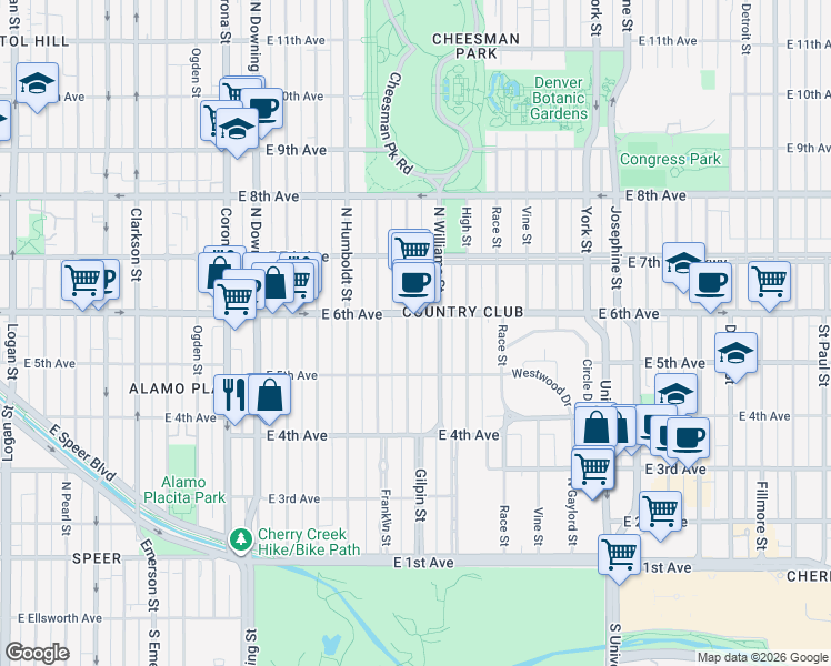 map of restaurants, bars, coffee shops, grocery stores, and more near 536 Gilpin Street in Denver