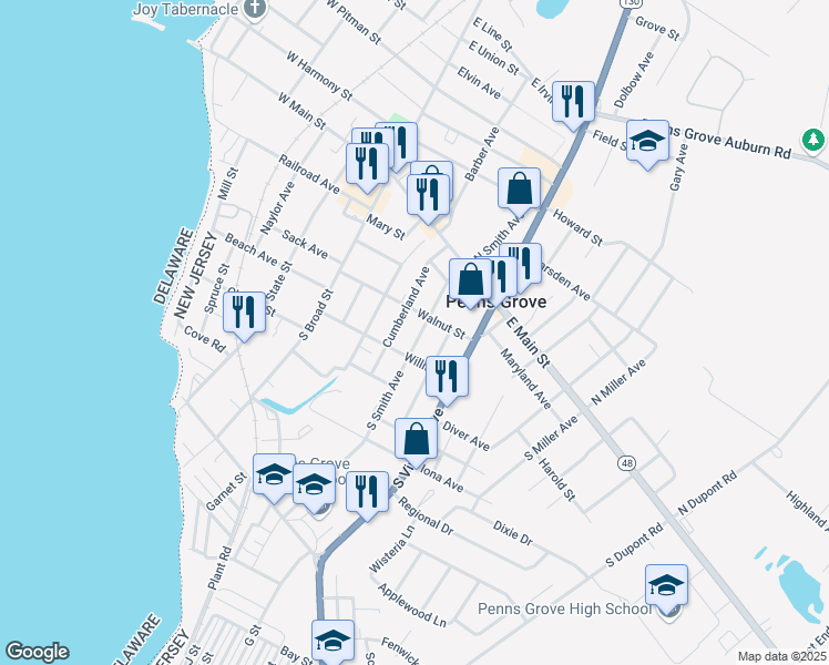map of restaurants, bars, coffee shops, grocery stores, and more near 52 Willis Street in Penns Grove