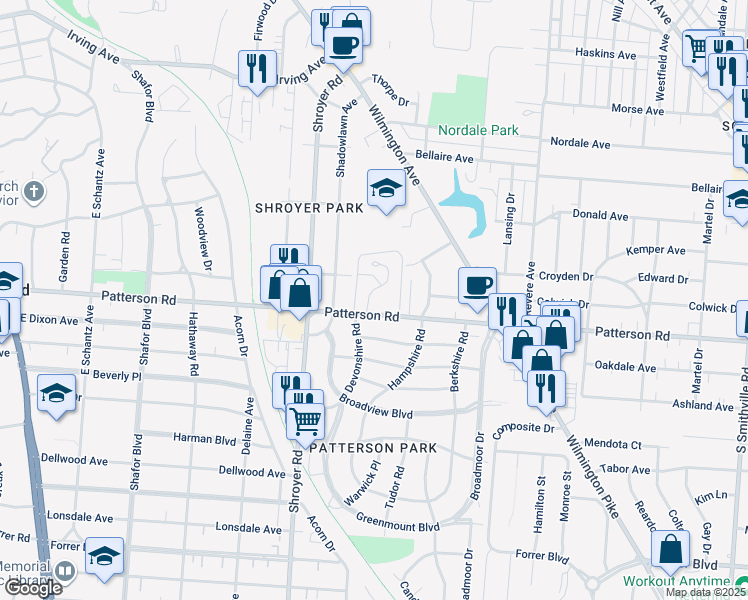 map of restaurants, bars, coffee shops, grocery stores, and more near 737 Patterson Road in Dayton