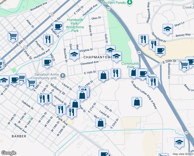 map of restaurants, bars, coffee shops, grocery stores, and more near 931 East 19th Street in Chico