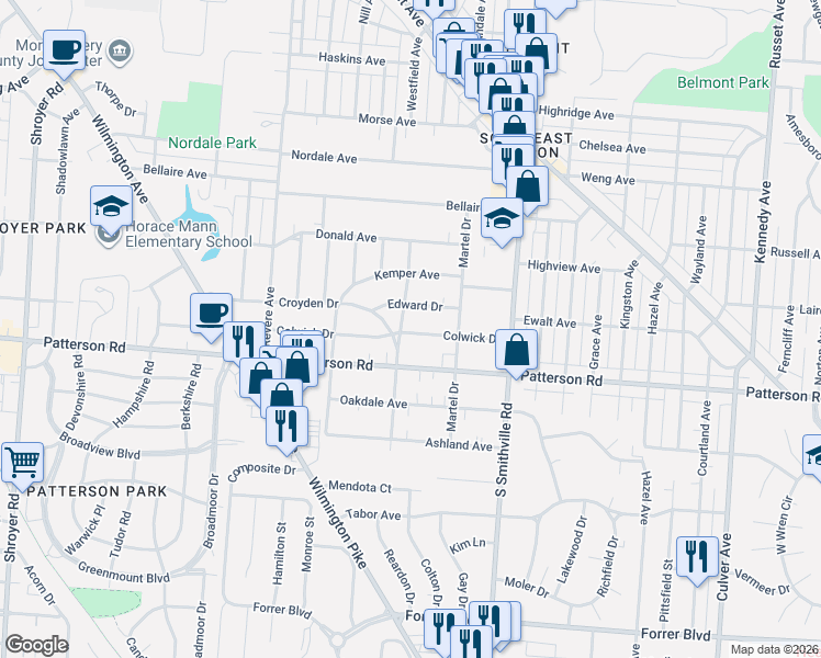 map of restaurants, bars, coffee shops, grocery stores, and more near 3112 Kenmore Avenue in Dayton