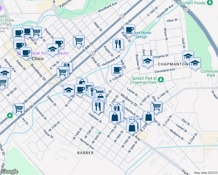 map of restaurants, bars, coffee shops, grocery stores, and more near 1326 Mulberry Street in Chico