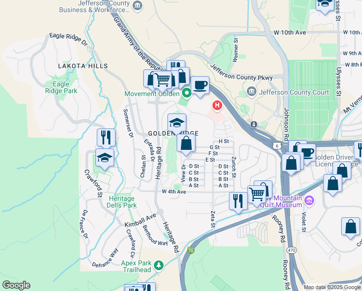 map of restaurants, bars, coffee shops, grocery stores, and more near 570 Golden Circle in Golden