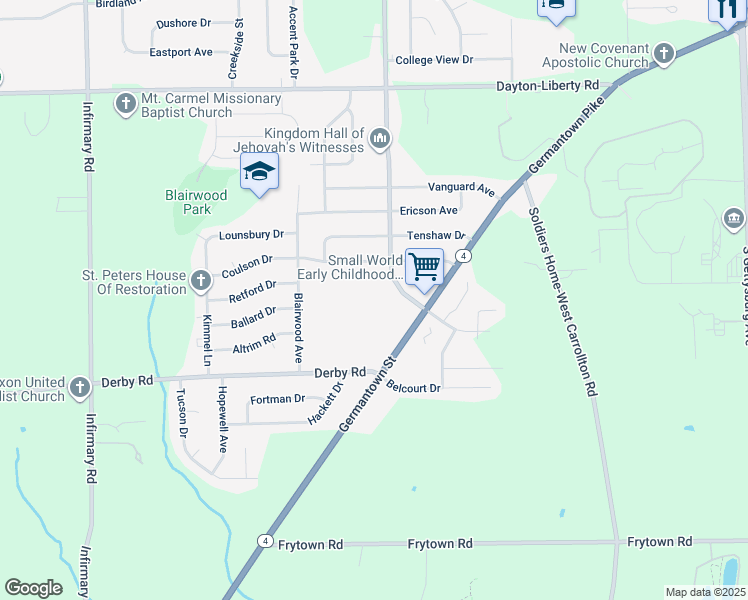 map of restaurants, bars, coffee shops, grocery stores, and more near 1453 Liscum Drive in Dayton