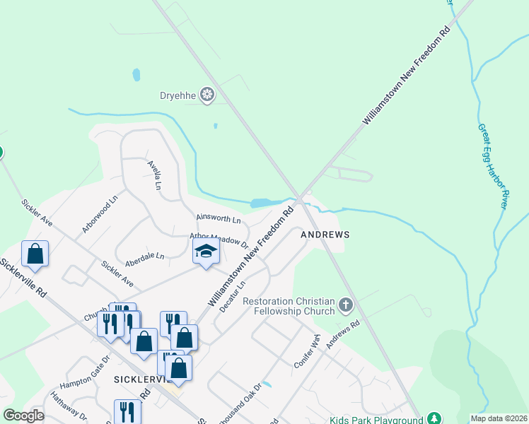 map of restaurants, bars, coffee shops, grocery stores, and more near 8 Asberry Place in Winslow Township