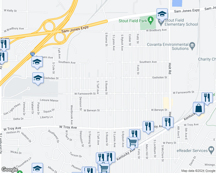 map of restaurants, bars, coffee shops, grocery stores, and more near 2733 South Roena Street in Indianapolis