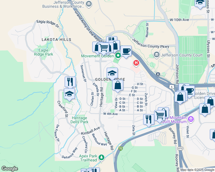 map of restaurants, bars, coffee shops, grocery stores, and more near 1300 Golden Circle in Golden