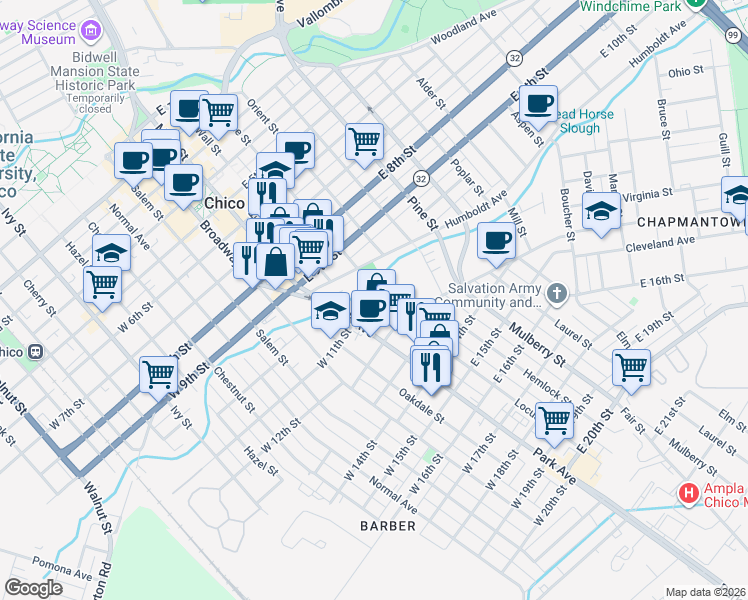 map of restaurants, bars, coffee shops, grocery stores, and more near 174 East 11th Street in Chico