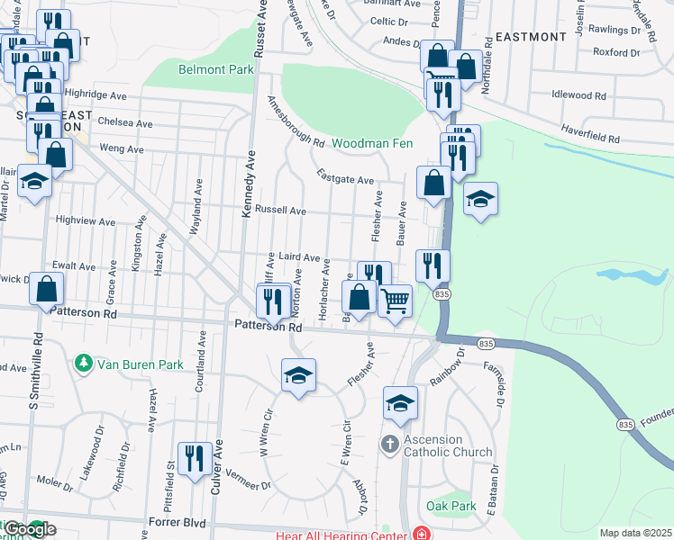 map of restaurants, bars, coffee shops, grocery stores, and more near in Kettering