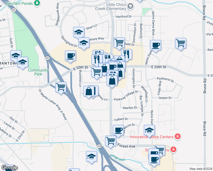 map of restaurants, bars, coffee shops, grocery stores, and more near 2047-2097 Forest Avenue in Chico