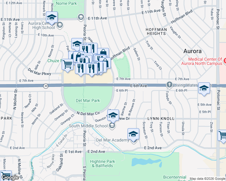 map of restaurants, bars, coffee shops, grocery stores, and more near 555 Quentin Street in Aurora