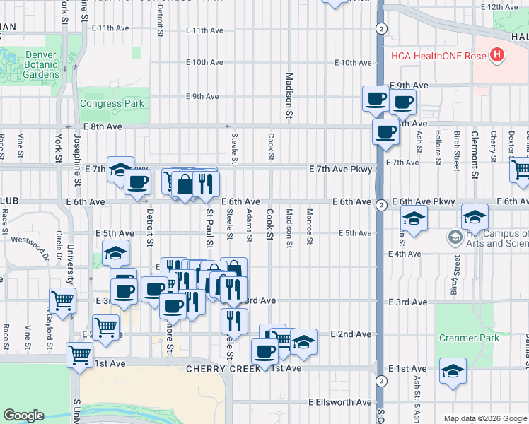 map of restaurants, bars, coffee shops, grocery stores, and more near 518 Cook Street in Denver