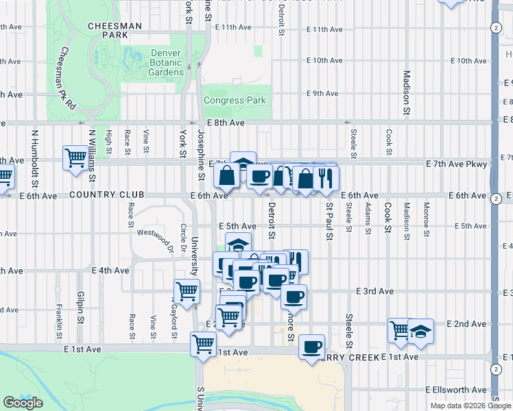 map of restaurants, bars, coffee shops, grocery stores, and more near 517 Detroit Street in Denver
