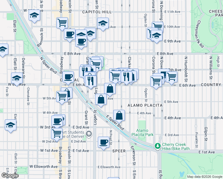 map of restaurants, bars, coffee shops, grocery stores, and more near in Denver