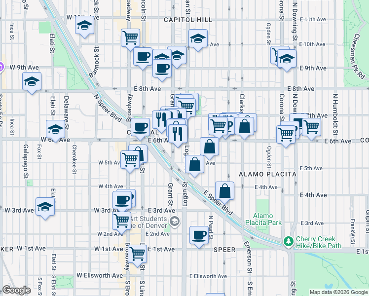 map of restaurants, bars, coffee shops, grocery stores, and more near 520 Logan Street in Denver