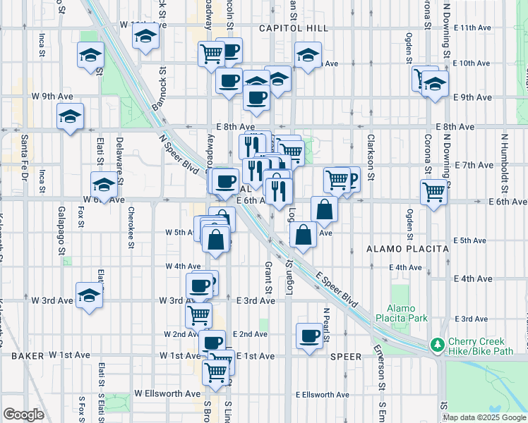 map of restaurants, bars, coffee shops, grocery stores, and more near 501 Grant Street in Denver