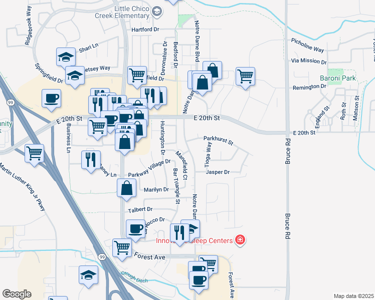 map of restaurants, bars, coffee shops, grocery stores, and more near 2140 Notre Dame Boulevard in Chico