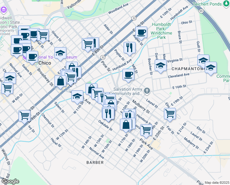 map of restaurants, bars, coffee shops, grocery stores, and more near 1304 Hemlock Street in Chico