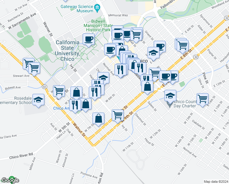 map of restaurants, bars, coffee shops, grocery stores, and more near 544 Hazel Street in Chico