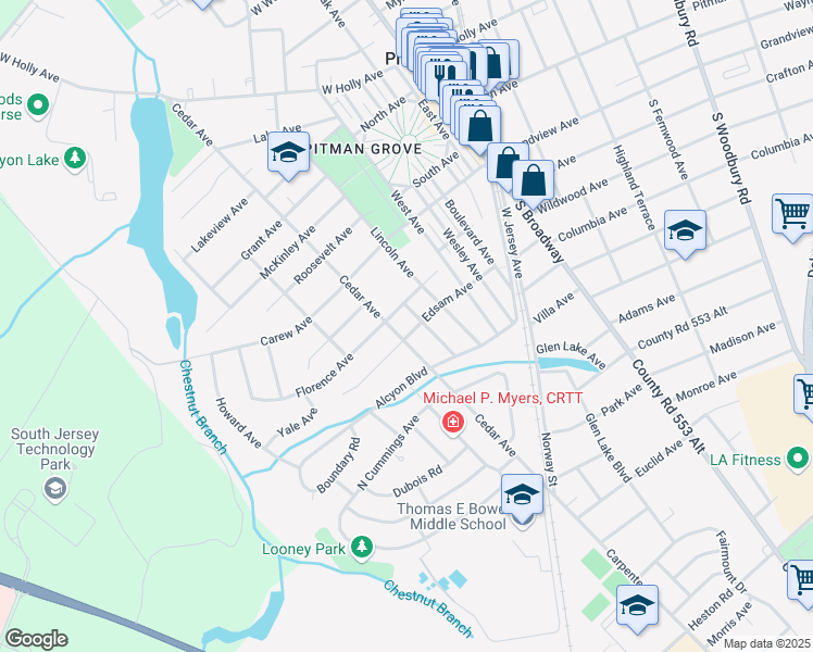 map of restaurants, bars, coffee shops, grocery stores, and more near 904 Cedar Avenue in Pitman
