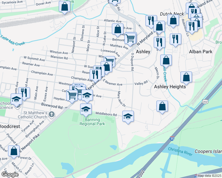 map of restaurants, bars, coffee shops, grocery stores, and more near 131 Grier Avenue in Wilmington