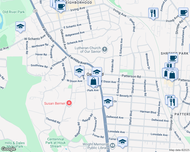 map of restaurants, bars, coffee shops, grocery stores, and more near 719 Far Hills Avenue in Dayton