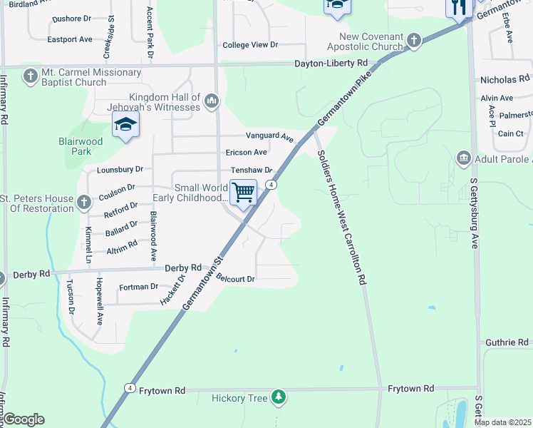 map of restaurants, bars, coffee shops, grocery stores, and more near 4618 Germantown Pike in Dayton