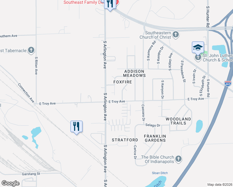 map of restaurants, bars, coffee shops, grocery stores, and more near 2953 Angelina Drive in Indianapolis