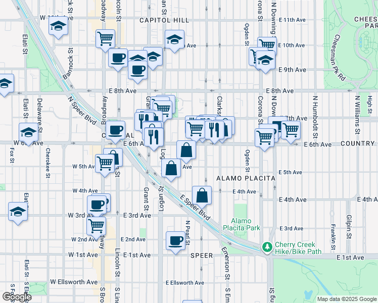 map of restaurants, bars, coffee shops, grocery stores, and more near in Denver