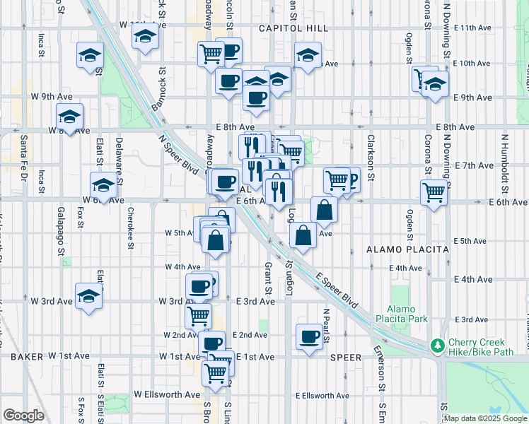 map of restaurants, bars, coffee shops, grocery stores, and more near 295 Speer Boulevard in Denver