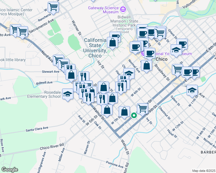 map of restaurants, bars, coffee shops, grocery stores, and more near 319 Cherry Street in Chico