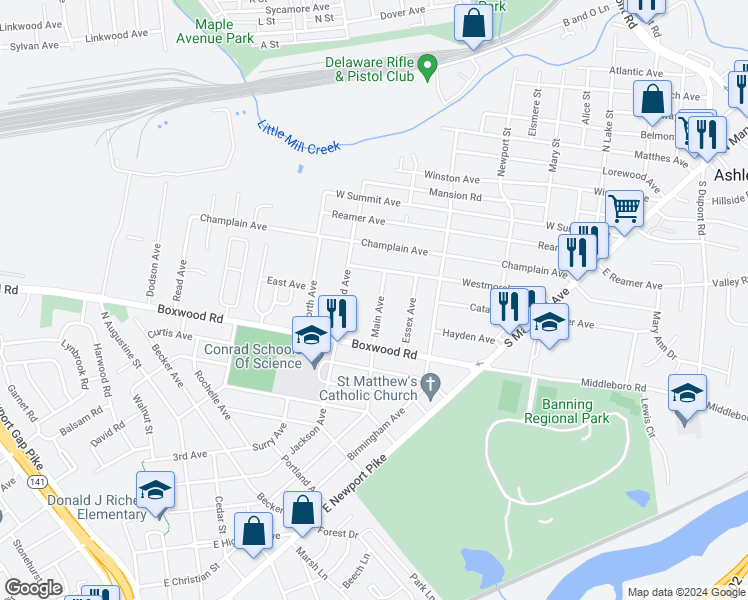 map of restaurants, bars, coffee shops, grocery stores, and more near 11 Main Avenue in Wilmington