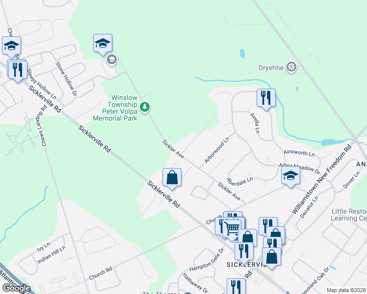 map of restaurants, bars, coffee shops, grocery stores, and more near 115 Rose Court in Sicklerville