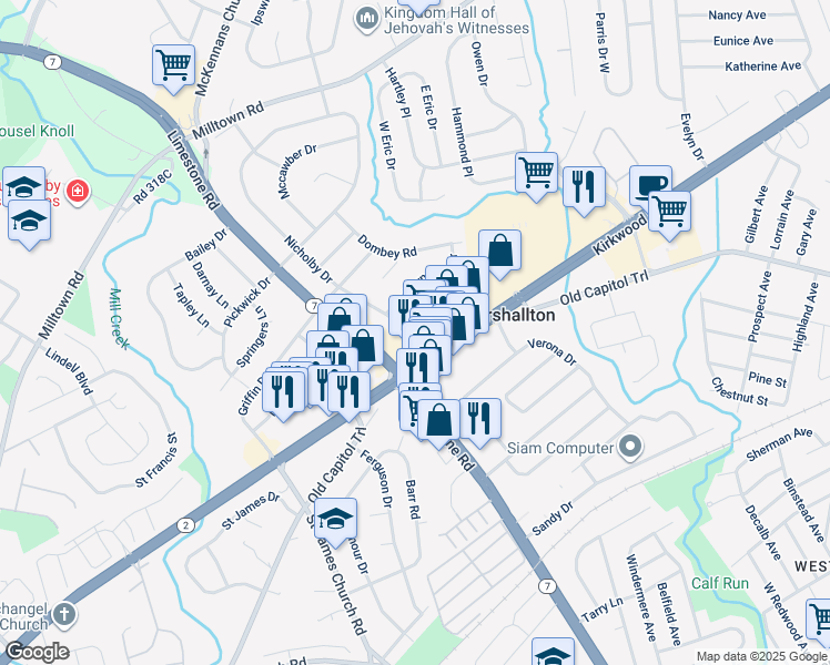 map of restaurants, bars, coffee shops, grocery stores, and more near 2122 Nicholby Drive in Wilmington