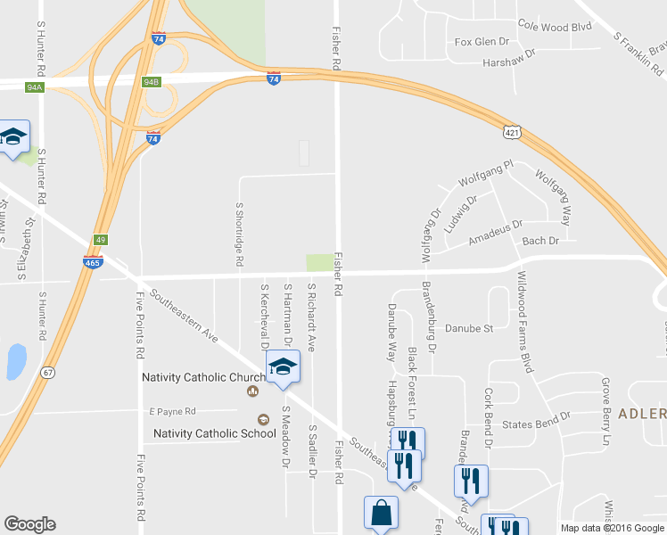 map of restaurants, bars, coffee shops, grocery stores, and more near 2900 Fisher Road in Indianapolis