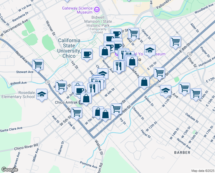 map of restaurants, bars, coffee shops, grocery stores, and more near 544 Hazel Street in Chico