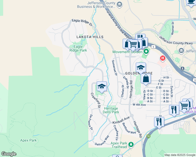 map of restaurants, bars, coffee shops, grocery stores, and more near 471 Tripp Drive in Golden