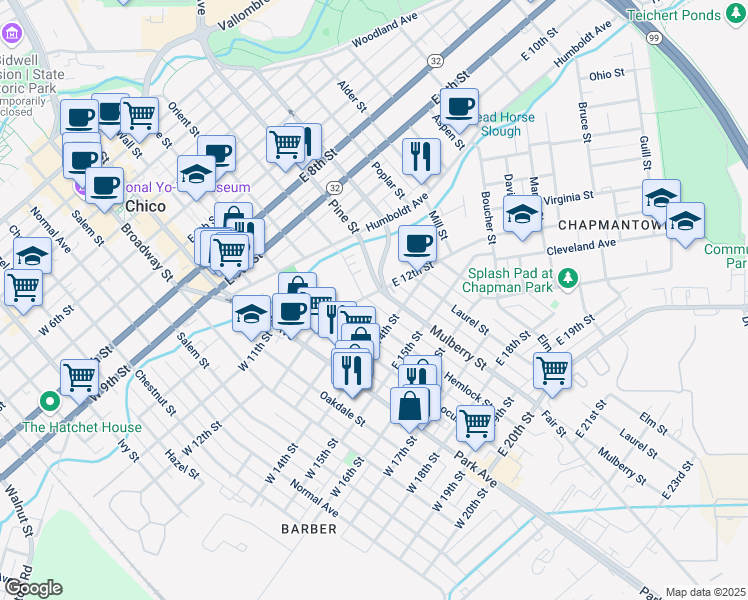 map of restaurants, bars, coffee shops, grocery stores, and more near 385 East 12th Street in Chico