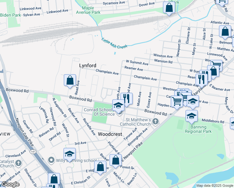 map of restaurants, bars, coffee shops, grocery stores, and more near 11 North Avenue in Wilmington