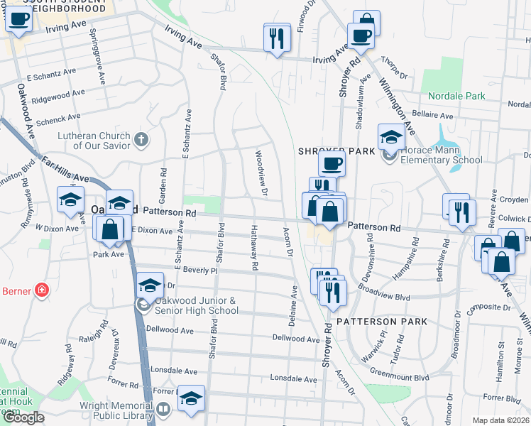 map of restaurants, bars, coffee shops, grocery stores, and more near 318 Patterson Road in Dayton