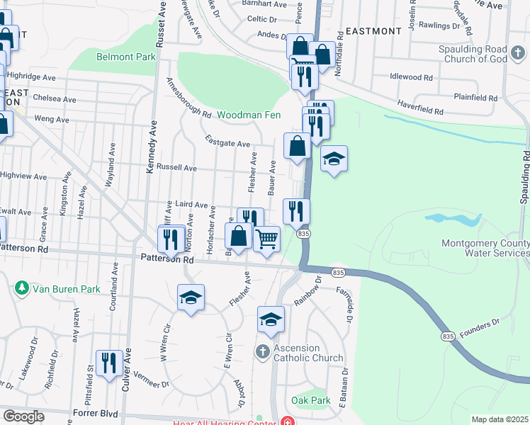 map of restaurants, bars, coffee shops, grocery stores, and more near 1634 Bauer Avenue in Kettering