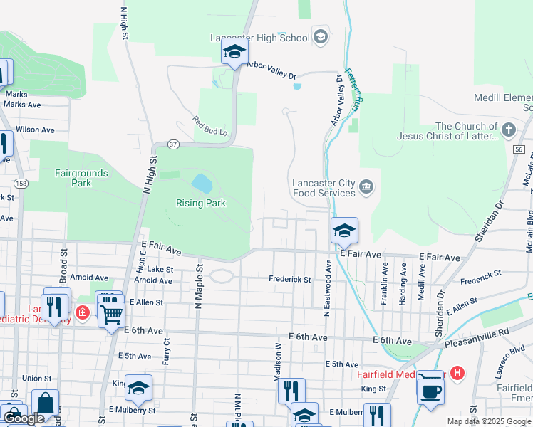 map of restaurants, bars, coffee shops, grocery stores, and more near 935 Fay Avenue in Lancaster
