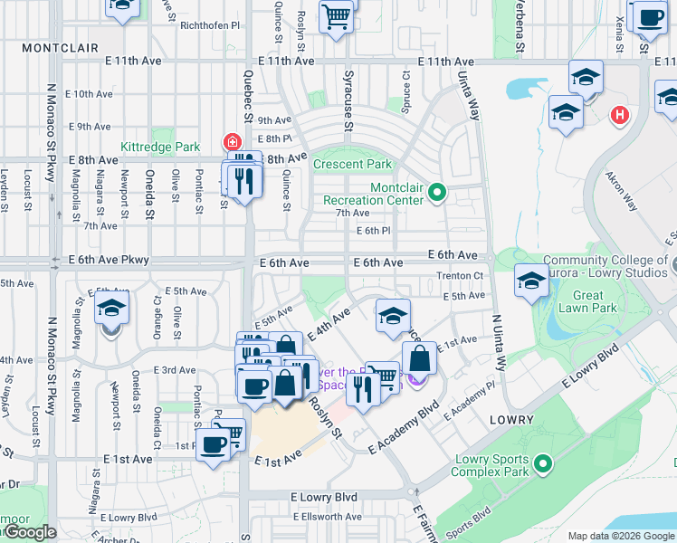map of restaurants, bars, coffee shops, grocery stores, and more near 500 Roslyn Street in Denver