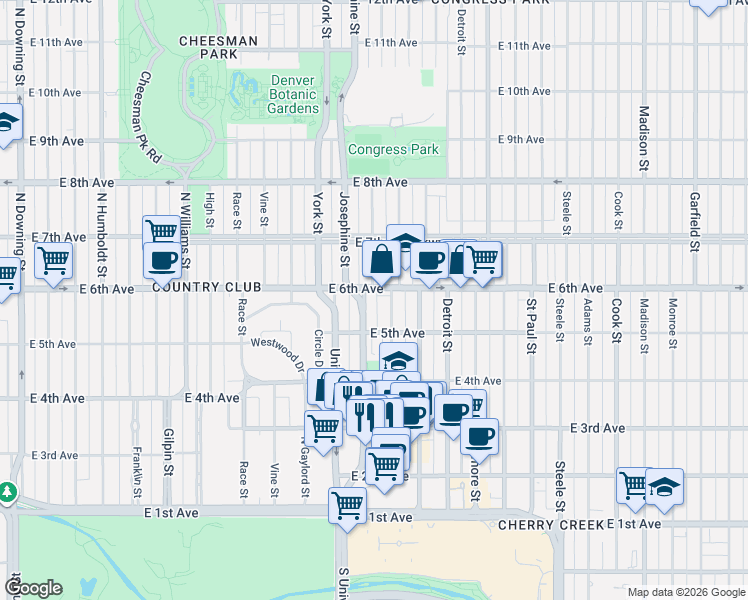 map of restaurants, bars, coffee shops, grocery stores, and more near 2401 East 5th Avenue in Denver