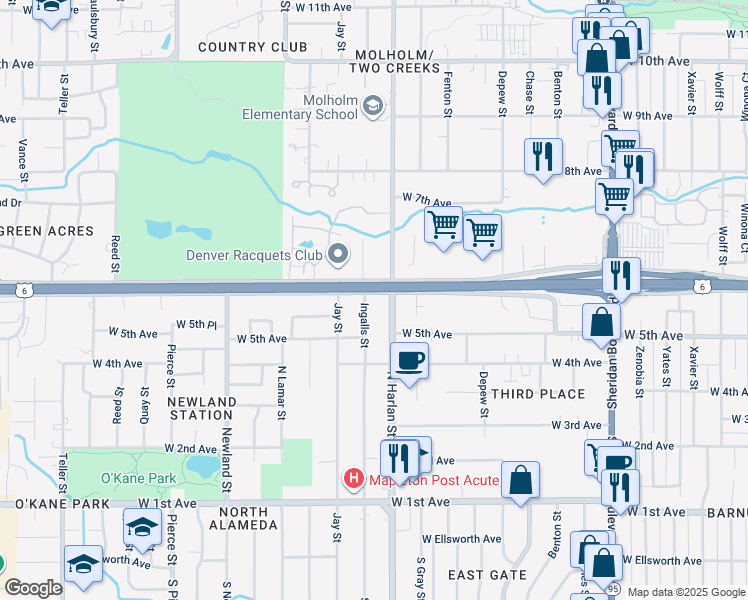 map of restaurants, bars, coffee shops, grocery stores, and more near 555 North Harlan Street in Lakewood